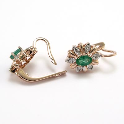 Russian Style Diamond Emerald Earrings 14k Gold E971