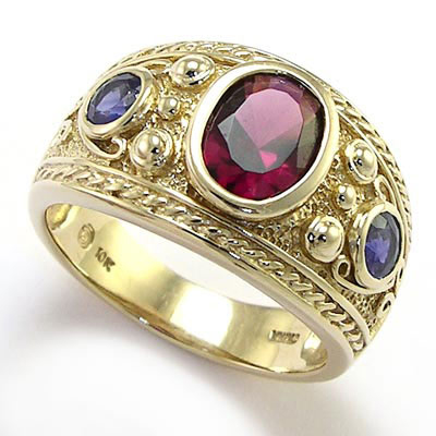 Etruscan Byzantine Style Ring Garnet Iolite 10k R1506