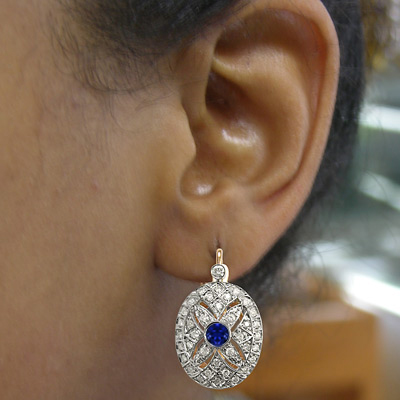 Russian Style Sapphire Diamond  Earrings 585 14k E1010 Russian Style Sapphire Diamond  Earrings 585 14k E1010