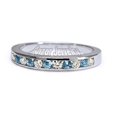 14k Gold Diamond & Aquamarine Wedding Band Ring R1539