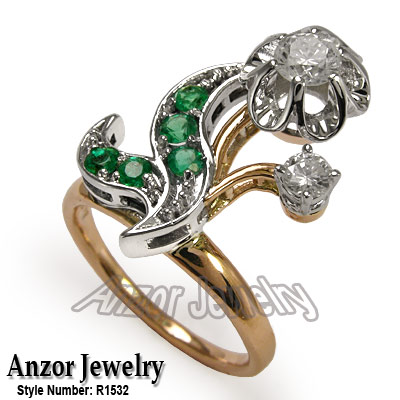 Russian Style Diamond Emerald Ring in 14k R1532 Russian Style Diamond Emerald Ring in 14k R1532