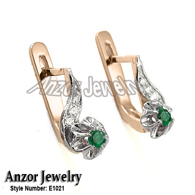 Russian Style Diamond & Emerald Earrings 14k Gold E1021