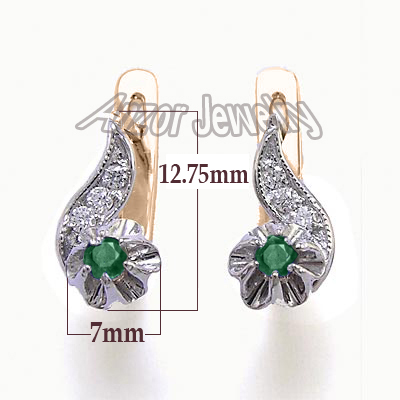 Russian Style Diamond & Emerald Earrings 14k Gold E1021