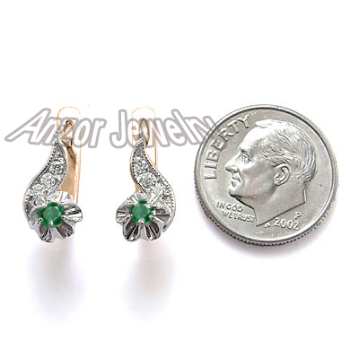 Russian Style Diamond & Emerald Earrings 14k Gold E1021