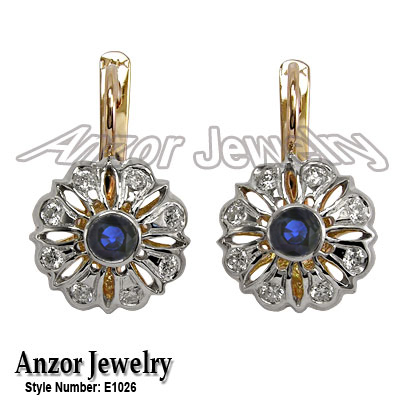 Russian Style Diamond & Sapphire Earrings 14k Gold E1026