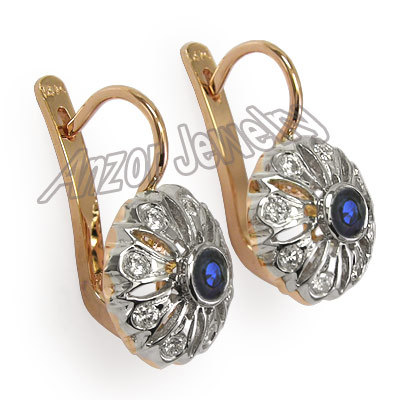 Russian Style Diamond & Sapphire Earrings 14k Gold E1026