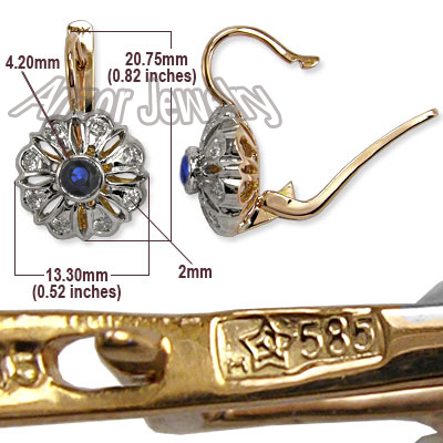 Russian Style Diamond & Sapphire Earrings 14k Gold E1026