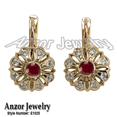 Russian Style Diamond & Ruby Earrings 14k Gold 585 E1025