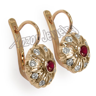 Russian Style Diamond & Ruby Earrings 14k Gold 585 E1025