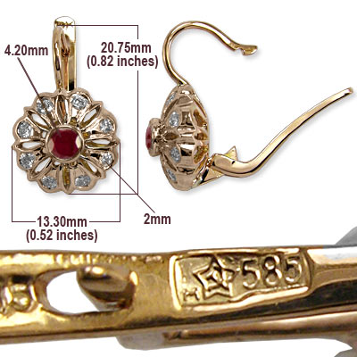 Russian Style Diamond & Ruby Earrings 14k Gold 585 E1025