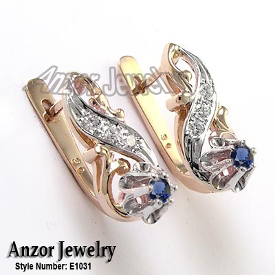 Old Russian Diamond Sapphire Earrings 585 E1031