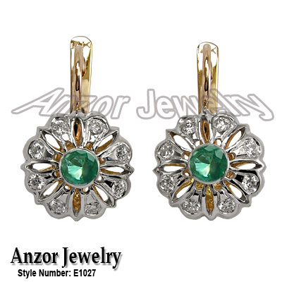 Russian Style Diamond & Emerald Earrings 14k Gold E1027
