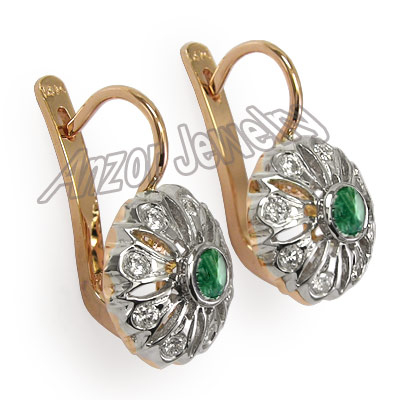Russian Style Diamond & Emerald Earrings 14k Gold E1027