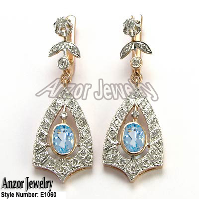 Russian Style Aquamarine Diamond Earrings 14K 585 #E1060