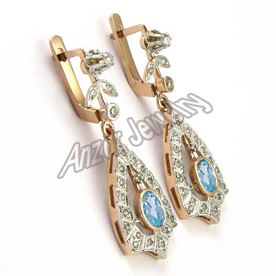 Russian Style Aquamarine Diamond Earrings 14K 585 #E1060
