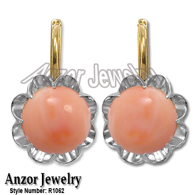 14k Solid Two-Tone Gold Coral Russian style Earrings #E1062