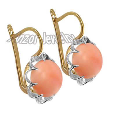 14k Solid Two-Tone Gold Coral Russian style Earrings #E1062