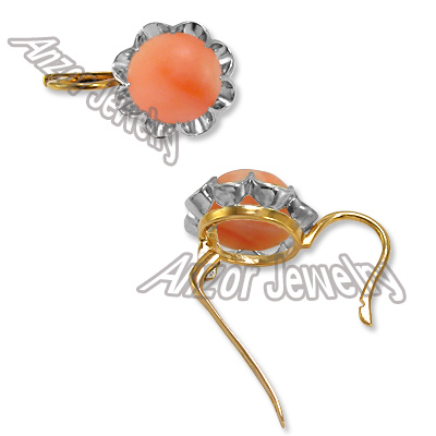 14k Solid Two-Tone Gold Coral Russian style Earrings #E1062