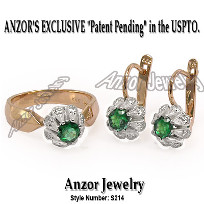 Russian Style Emerald 1.10 cwt Diamonds Set 14k s214