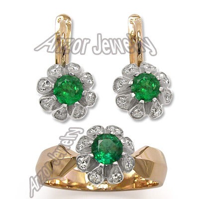 Russian Style Emerald 1.10 cwt Diamonds Set 14k s214