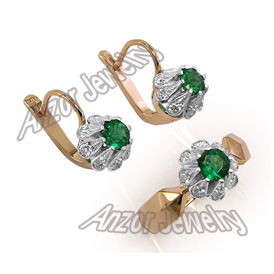 Russian Style Emerald 1.10 cwt Diamonds Set 14k s214