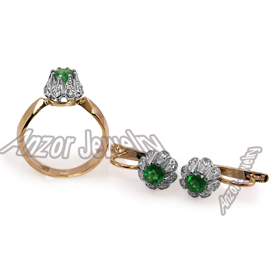 Russian Style Emerald 1.10 cwt Diamonds Set 14k s214