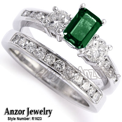 14k Gold Emerald Diamond Engagement Ring Set R1623 14k Gold Emerald Diamond Engagement Ring Set R1623