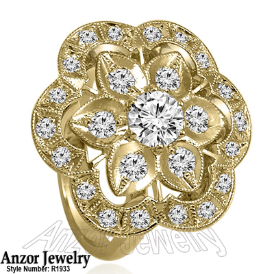 14K Yellow Gold Russian Style FLOWER Diamond Ring #R1933