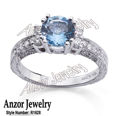 14k White Gold Aquamarine Diamond Ring R1628