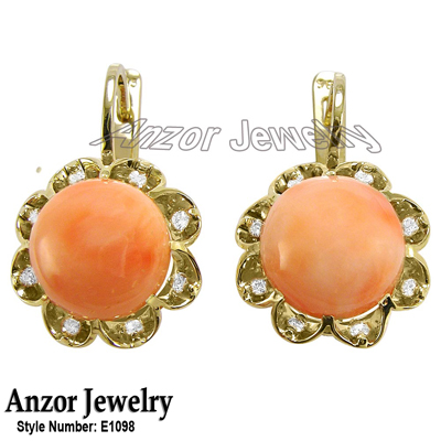 14k Solid Yellow Gold Coral Earrings #E1098