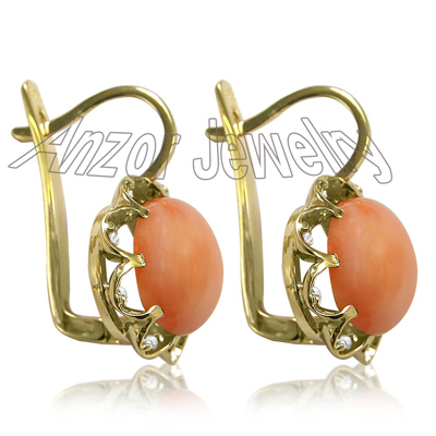 14k Solid Yellow Gold Coral Earrings #E1098