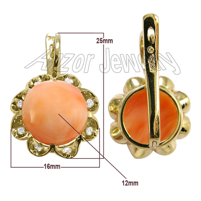 14k Solid Yellow Gold Coral Earrings #E1098