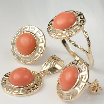 10k Solid Gold 8mm Round Coral Set #S219