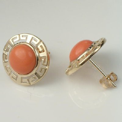 10k Solid Gold 8mm Round Coral Set #S219