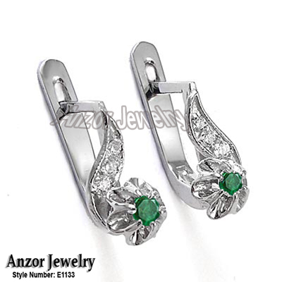 Russian Style Diamond & Emerald Earrings 14k Gold E1133