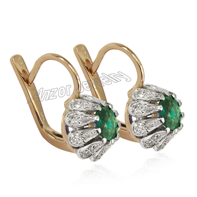 Russian Style Emerald Diamond Earrings 14k Gold E1146