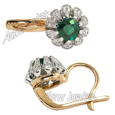 Russian Style Emerald Diamond Earrings 14k Gold E1146