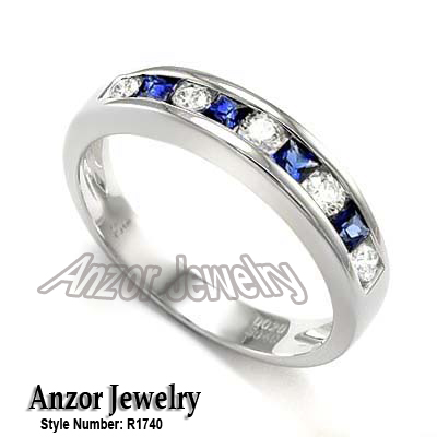 Channel Set Round Diamond and Sapphire Ring 18k R1740