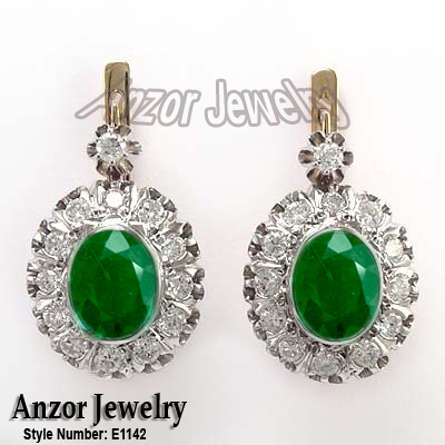 RUSSIAN Style Diamond Emerald Earrings 585 E1142