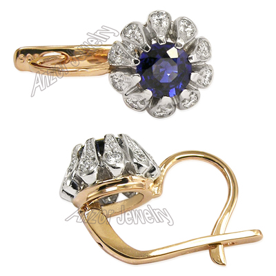 Russian Style Earrings Sapphire Diamond 14k Gold E1143 Russian Style Earrings Sapphire Diamond 14k Gold E1143
