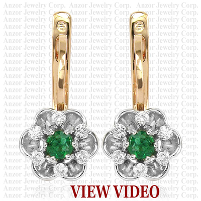 Russian style Earrings Emerald and Diamond 14k E1152