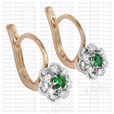 Russian style Earrings Emerald and Diamond 14k E1152
