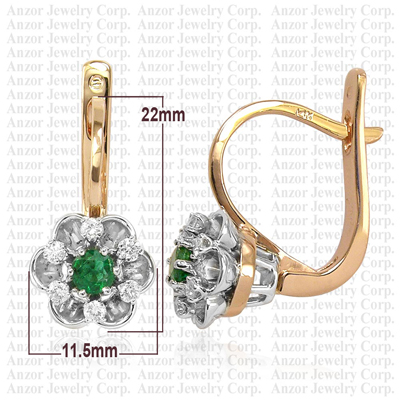 Russian style Earrings Emerald and Diamond 14k E1152
