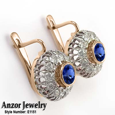 Russian Style Diamond & Sapphire Earrings 585 E1151 Russian Style Diamond & Sapphire Earrings 585 E1151