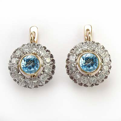 Russian Style Diamond and blue Topaz Earrings 14k gold #E1156 Russian Style Diamond and blue Topaz Earrings 14k gold #E1156