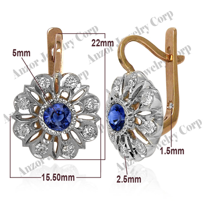 Russian Jewelry Sapphire & Diamond Earrings 14K E1153
