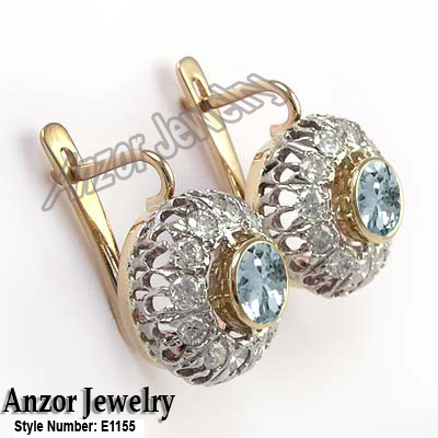 Russian Style Diamond & Aquamarine Earrings 585 E1155