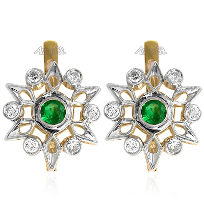 Russian Style Diamond & Emerald Earrings 585 14k E1164