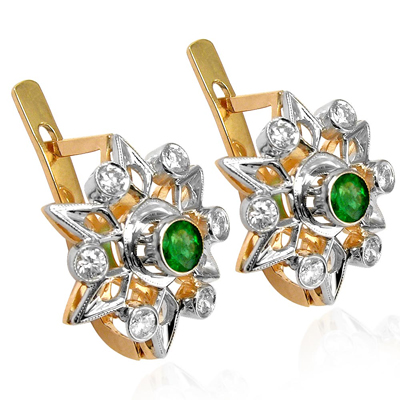Russian Style Diamond & Emerald Earrings 585 14k E1164