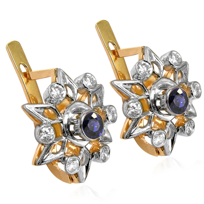 Russian Style Diamond & Sapphire Earrings 585 14k E1168 Russian Style Diamond & Sapphire Earrings 585 14k E1168